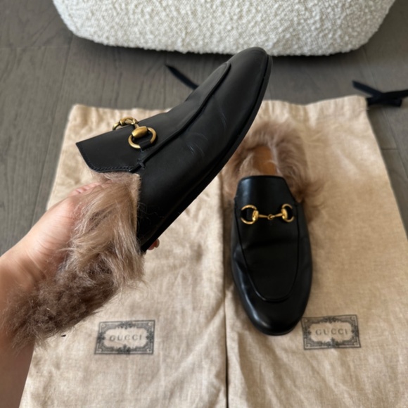 Gucci Black Leather Fur Princeton Slip-On Loafers Size 36.5 - Picture 3 of 3
